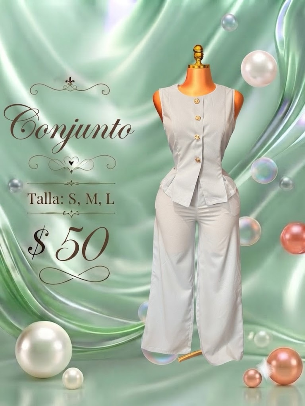 Sleeveless Wide-Leg Set in Light Blue with Gold Buttons